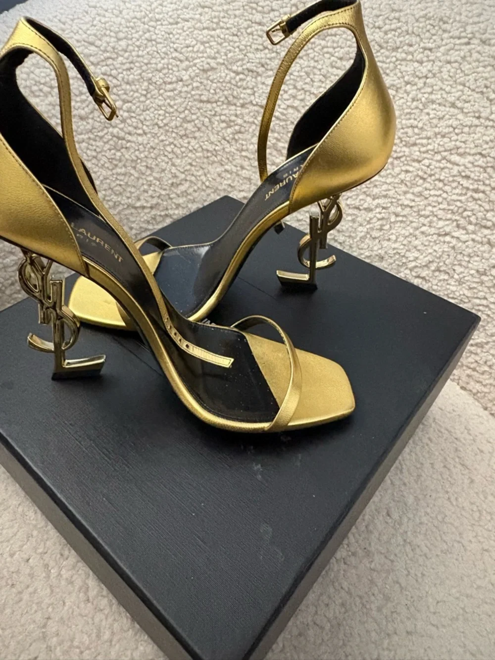 Saint Laurent Metallic Gold Logo-Heel Ankle-Strap Sandals - Picture 4 of 8